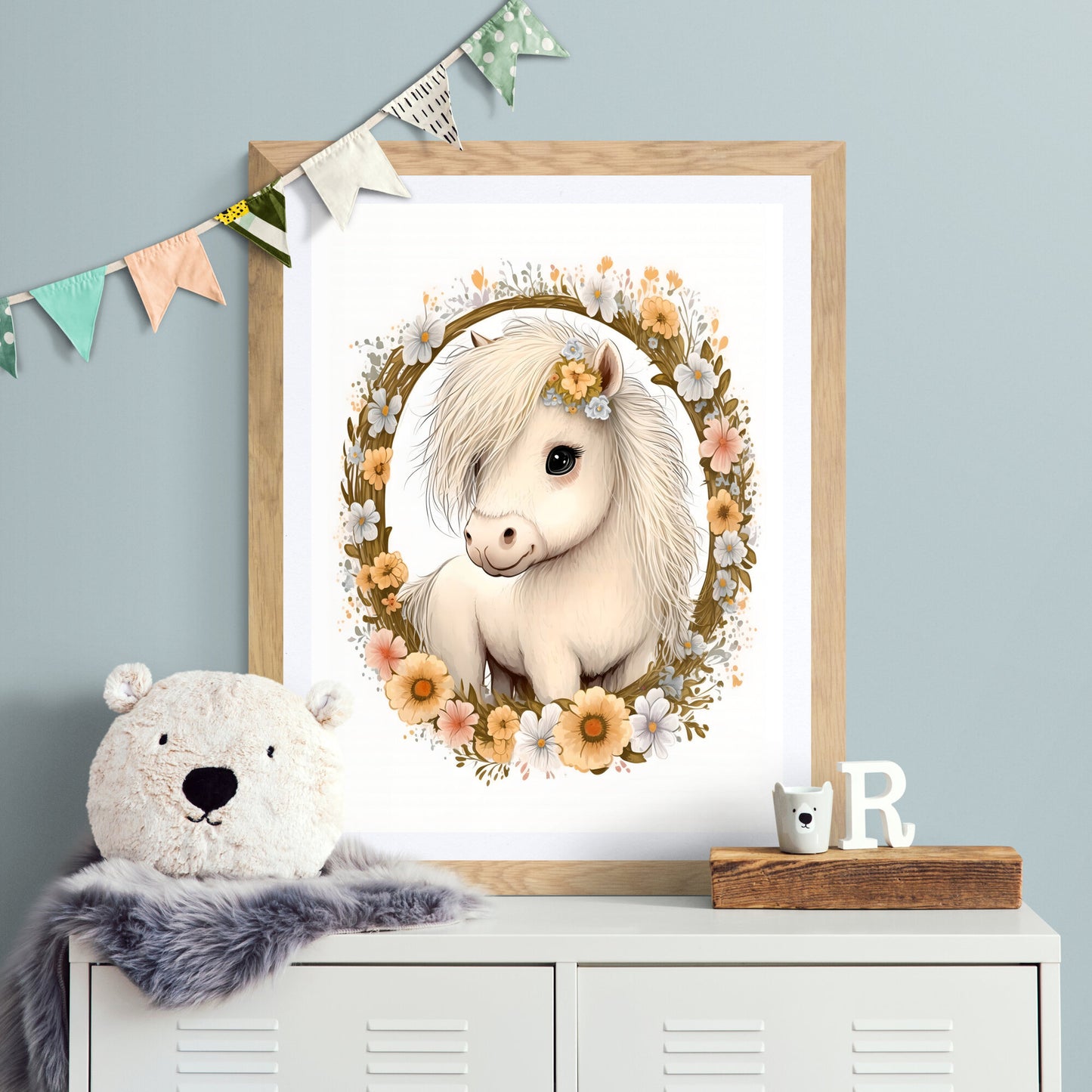 Baby pony animal wall art gender neutral animal nursery pony printing flowers baby pony portrait Paper Poster Prints