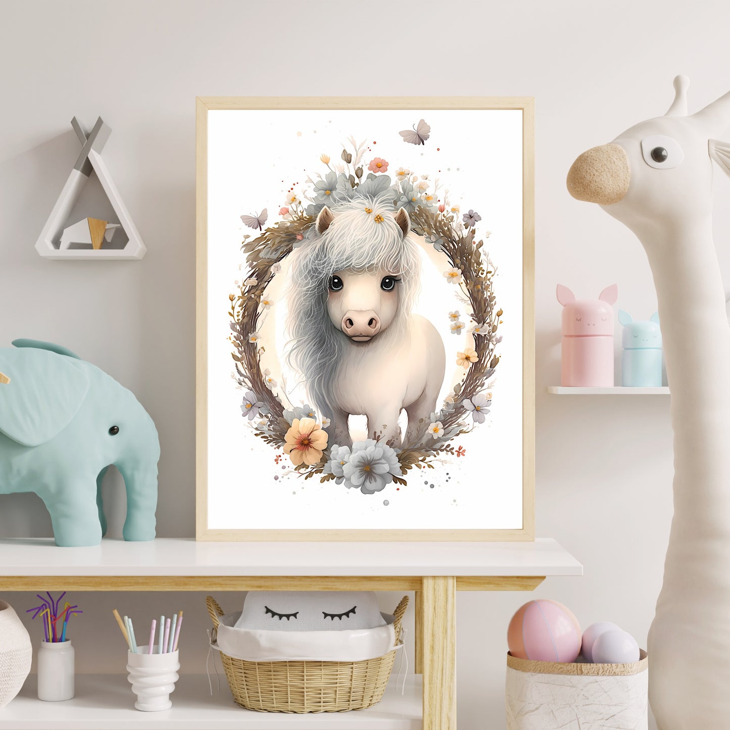 Baby pony animal wall art gender neutral animal nursery pony printing flowers baby pony portrait Paper Poster Prints