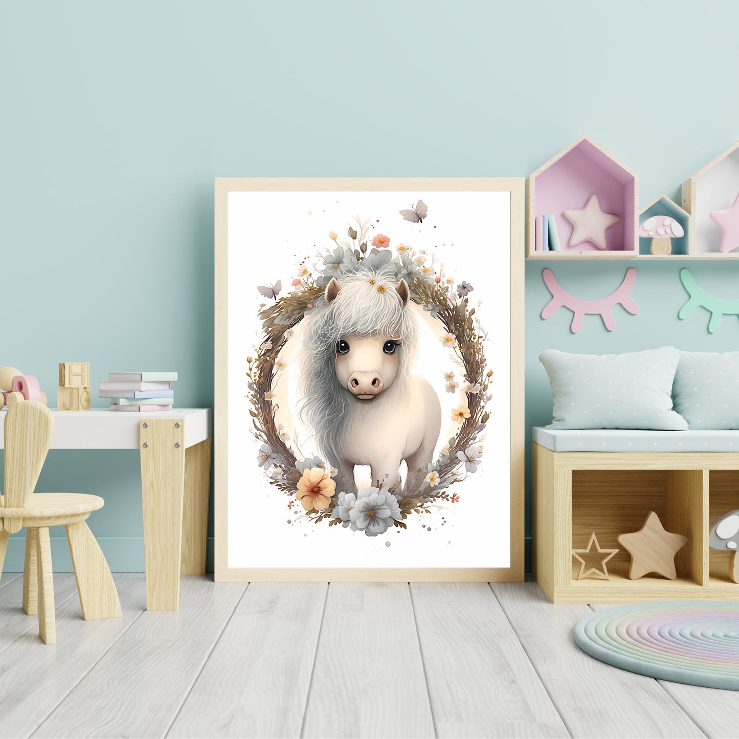 Baby pony animal wall art gender neutral animal nursery pony printing flowers baby pony portrait Paper Poster Prints