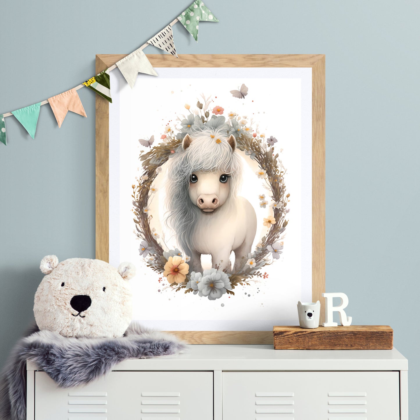 Baby pony animal wall art gender neutral animal nursery pony printing flowers baby pony portrait Paper Poster Prints