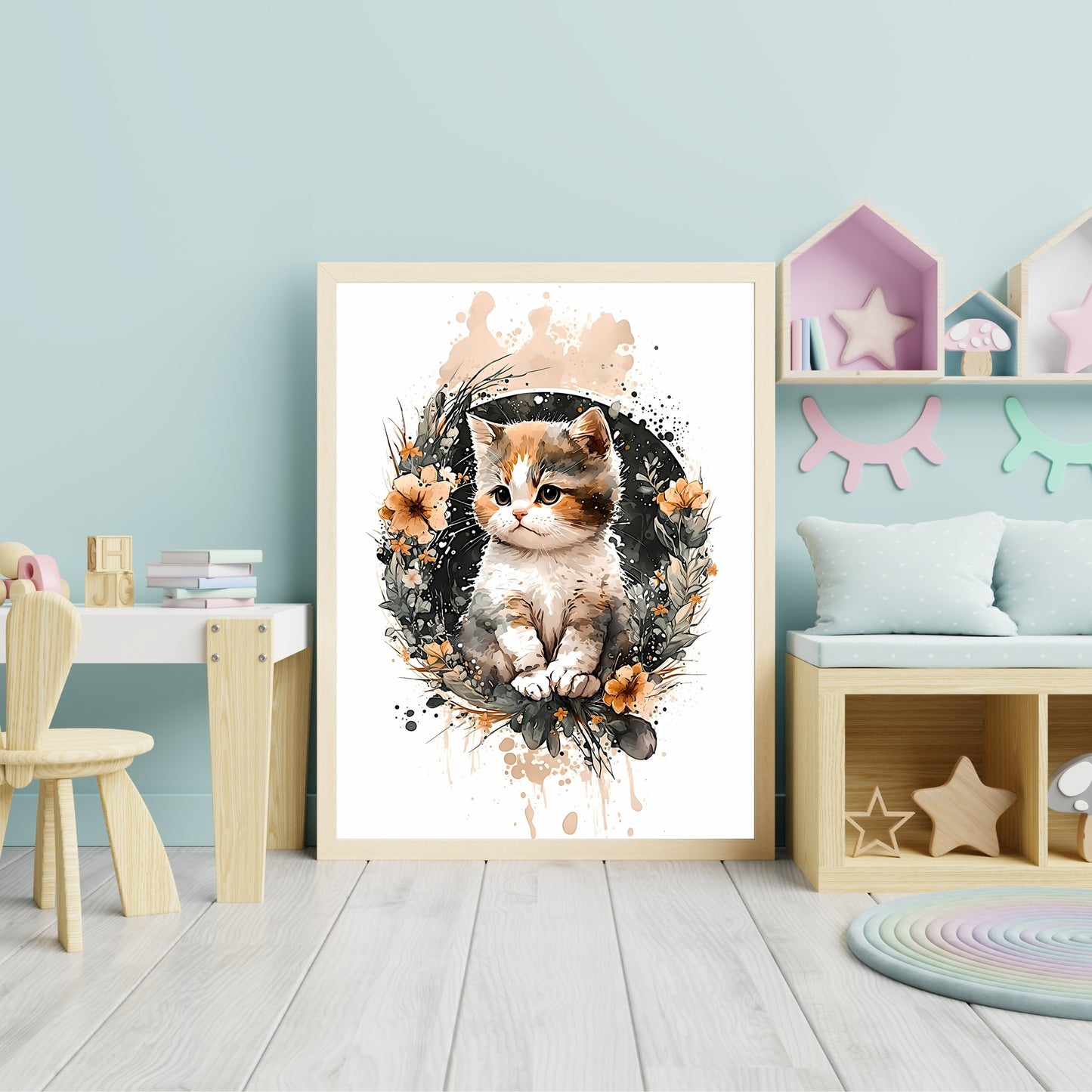 Baby cat animal wall art gender neutral animal nursery cat printing flowers baby cat portrait Paper Poster Prints