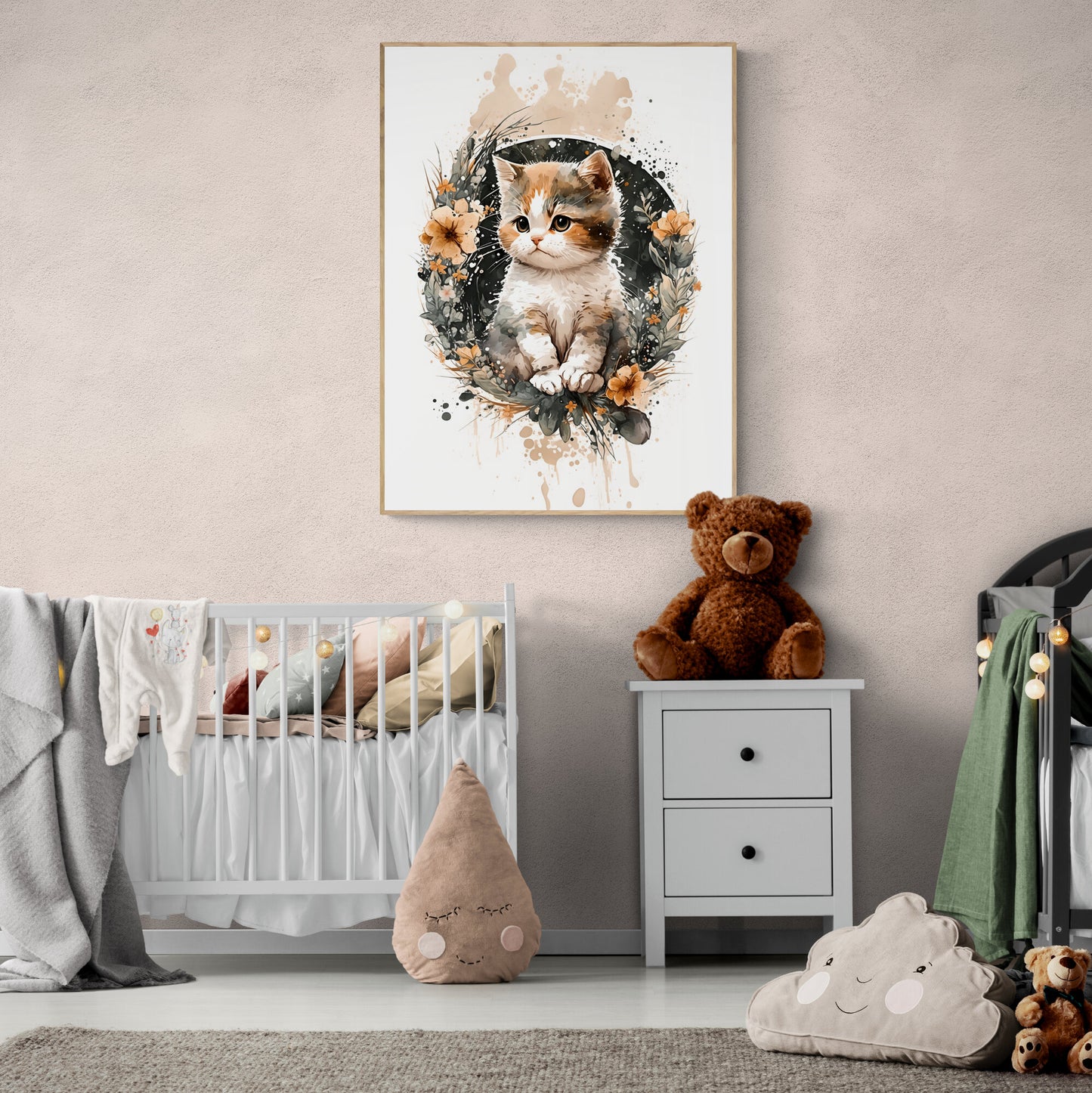 Baby cat animal wall art gender neutral animal nursery cat printing flowers baby cat portrait Paper Poster Prints