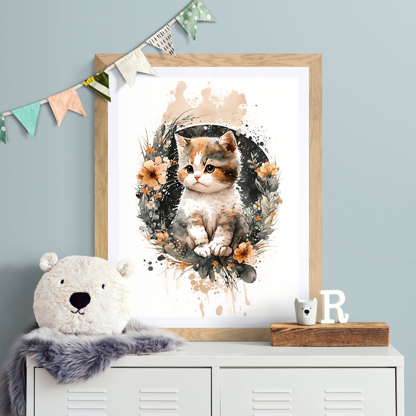 Baby cat animal wall art gender neutral animal nursery cat printing flowers baby cat portrait Paper Poster Prints