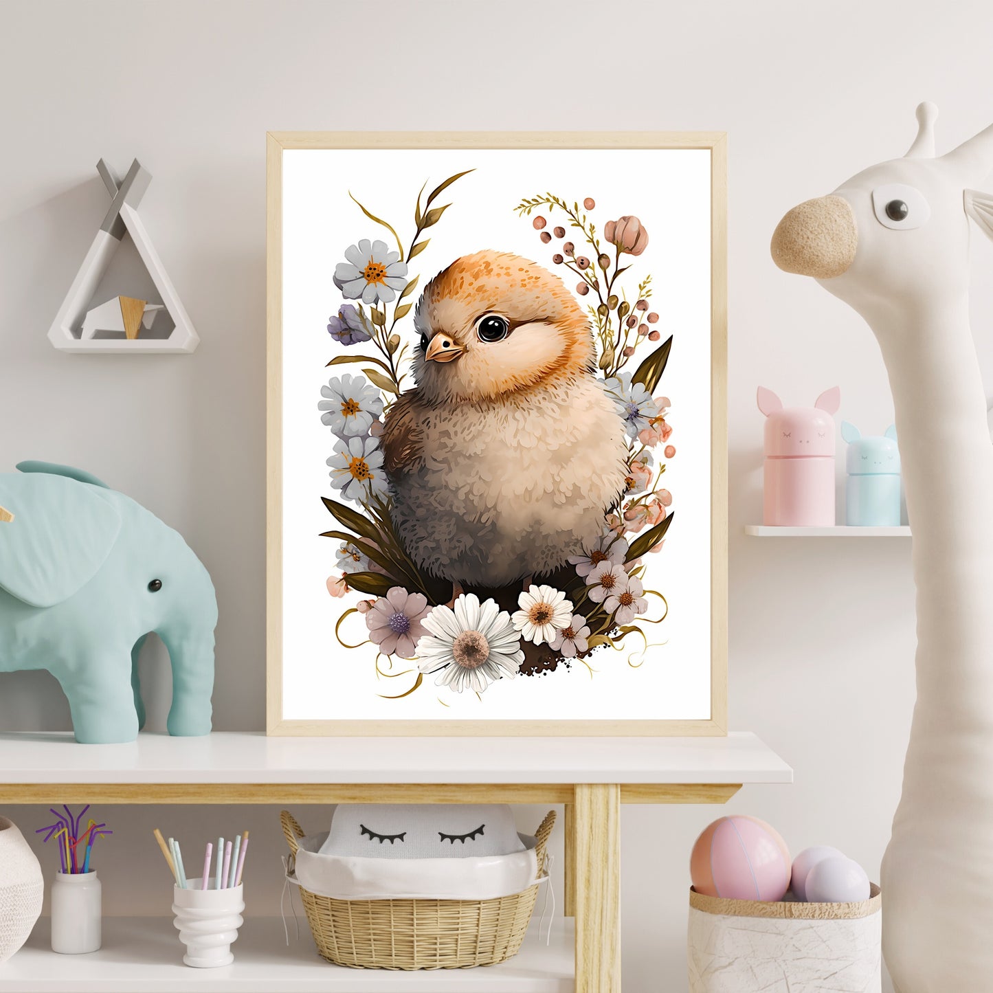 Baby chicken animal wall art gender neutral animal nursery chicken printing flowers baby chicken portrait Paper Poster Prints