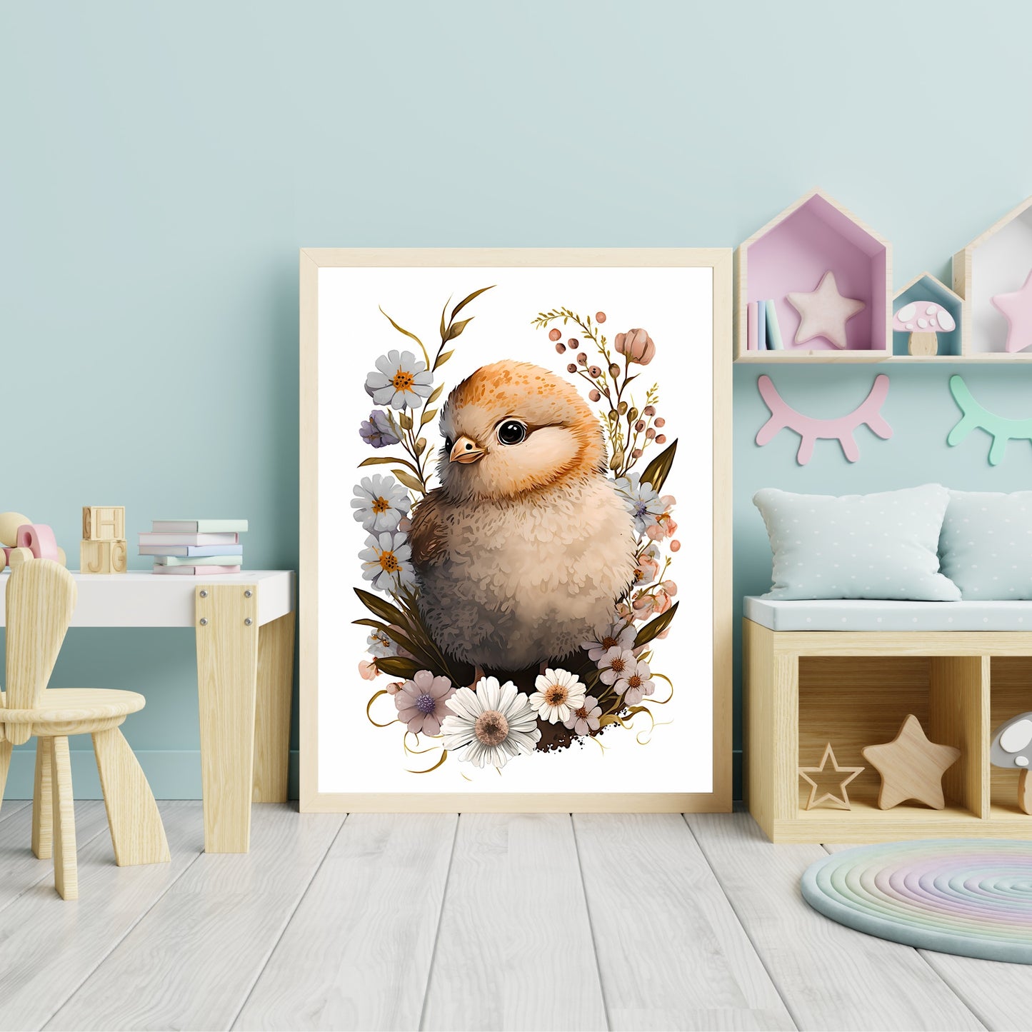 Baby chicken animal wall art gender neutral animal nursery chicken printing flowers baby chicken portrait Paper Poster Prints