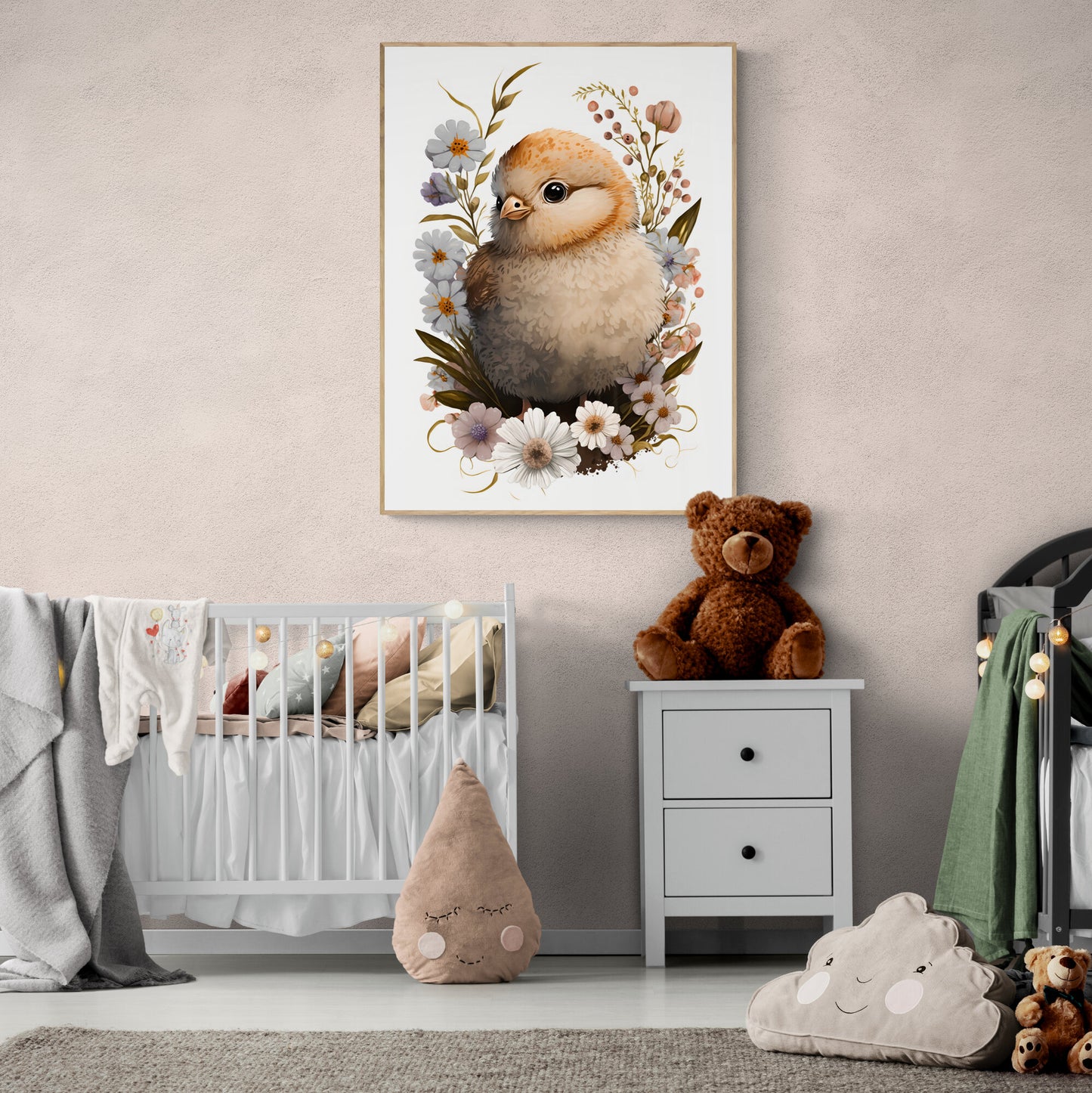 Baby chicken animal wall art gender neutral animal nursery chicken printing flowers baby chicken portrait Paper Poster Prints