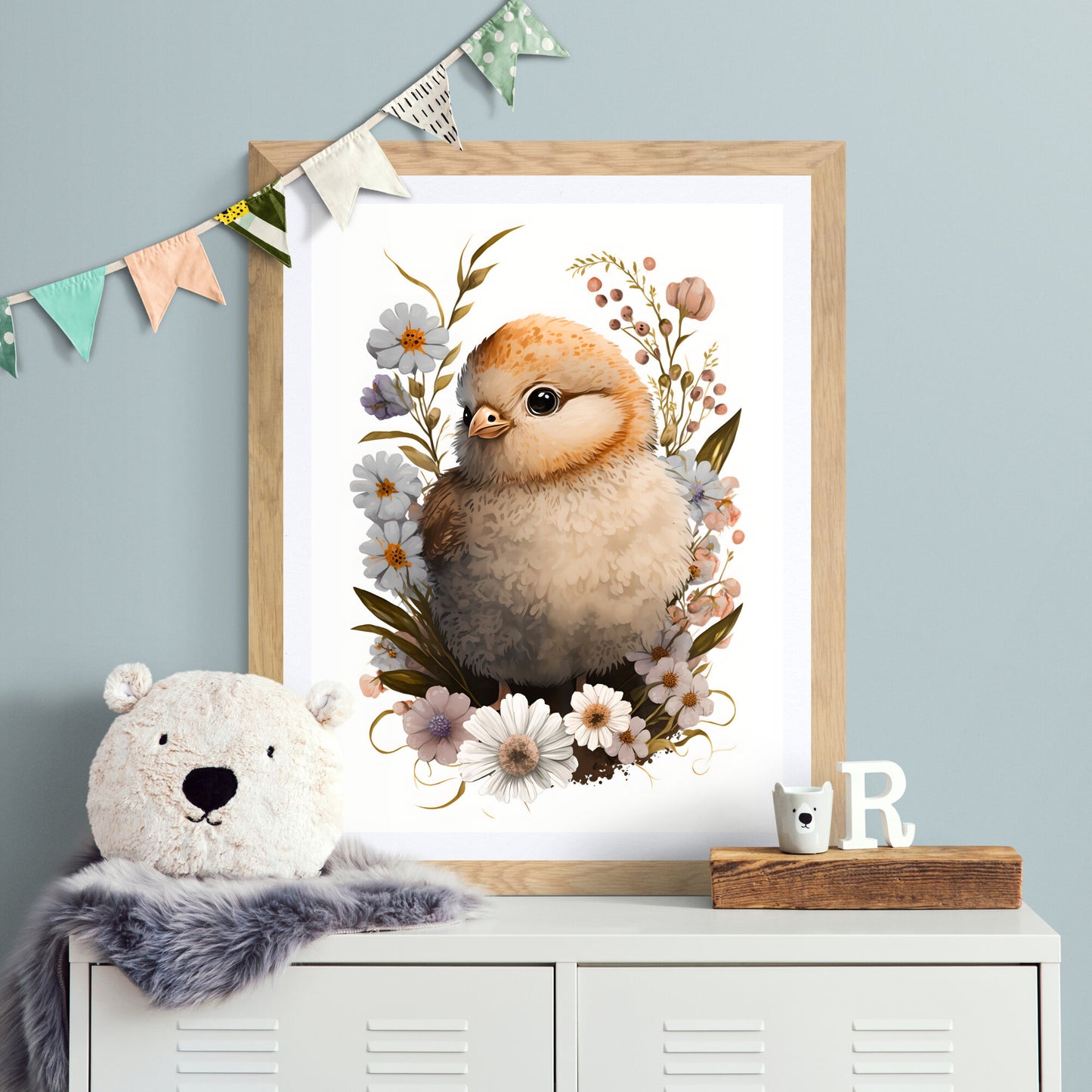 Baby chicken animal wall art gender neutral animal nursery chicken printing flowers baby chicken portrait Paper Poster Prints