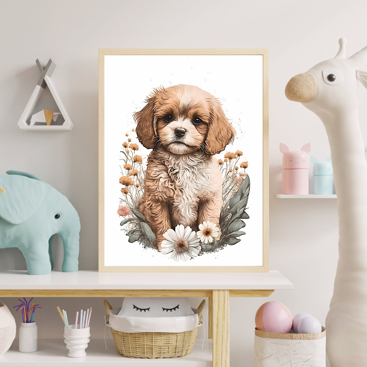 Baby dog animal wall art gender neutral animal nursery dog printing flowers baby dog portrait Paper Poster Prints