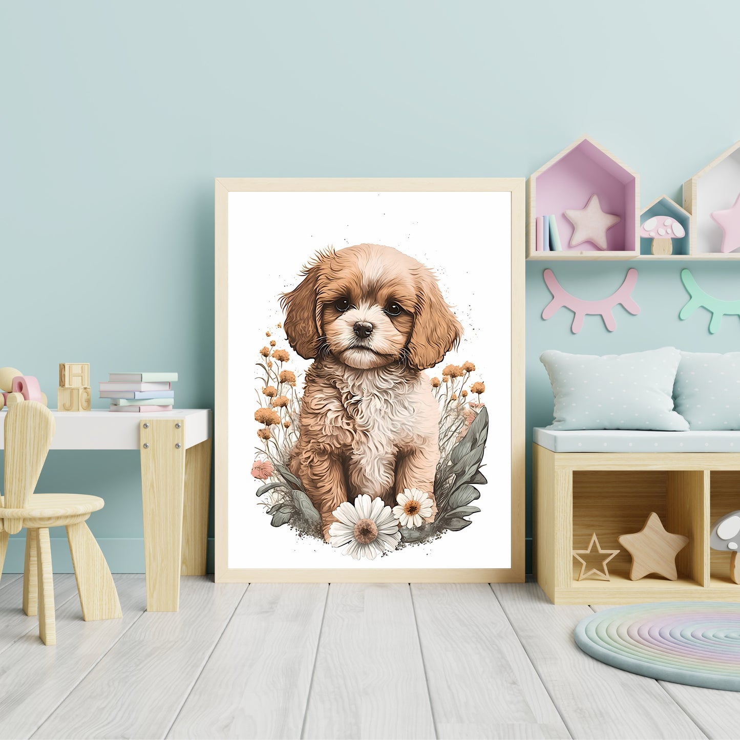 Baby dog animal wall art gender neutral animal nursery dog printing flowers baby dog portrait Paper Poster Prints
