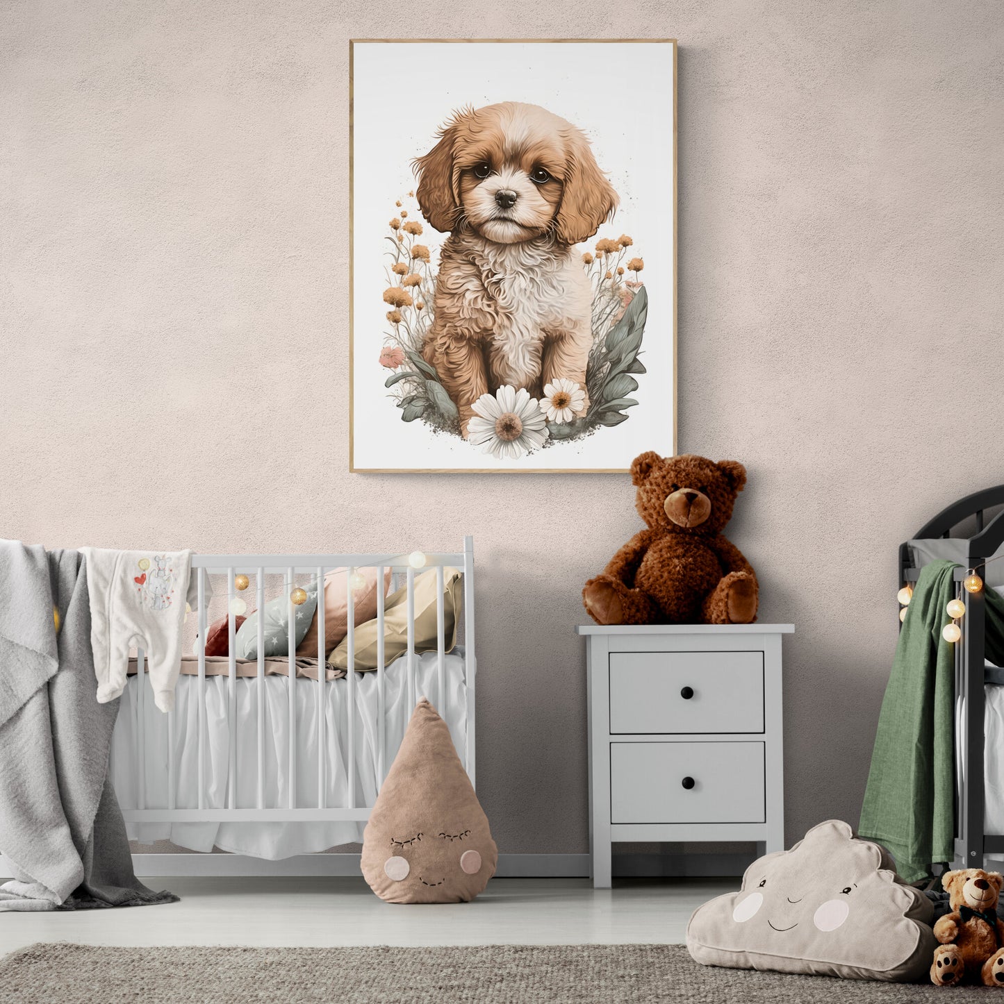 Baby dog animal wall art gender neutral animal nursery dog printing flowers baby dog portrait Paper Poster Prints