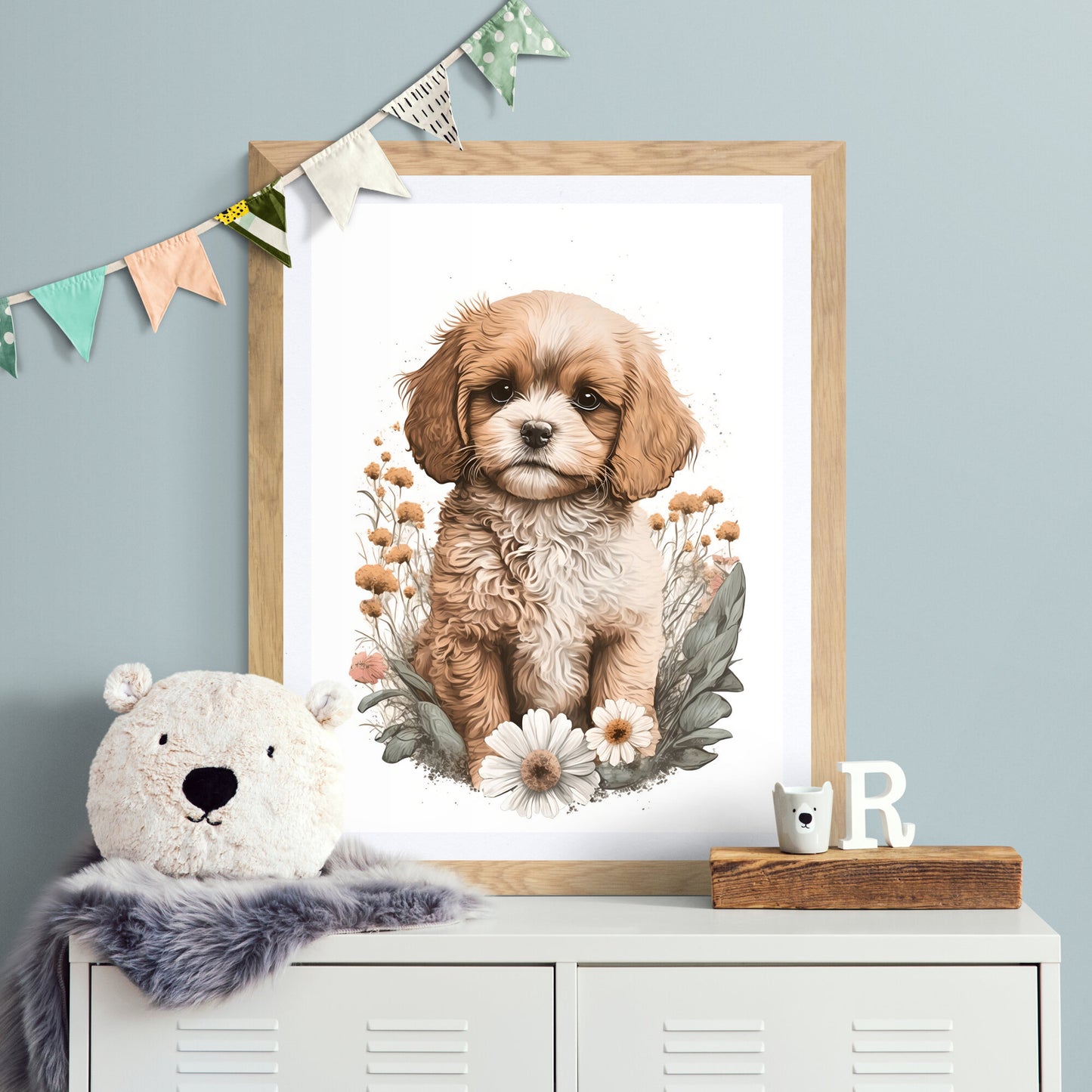 Baby dog animal wall art gender neutral animal nursery dog printing flowers baby dog portrait Paper Poster Prints