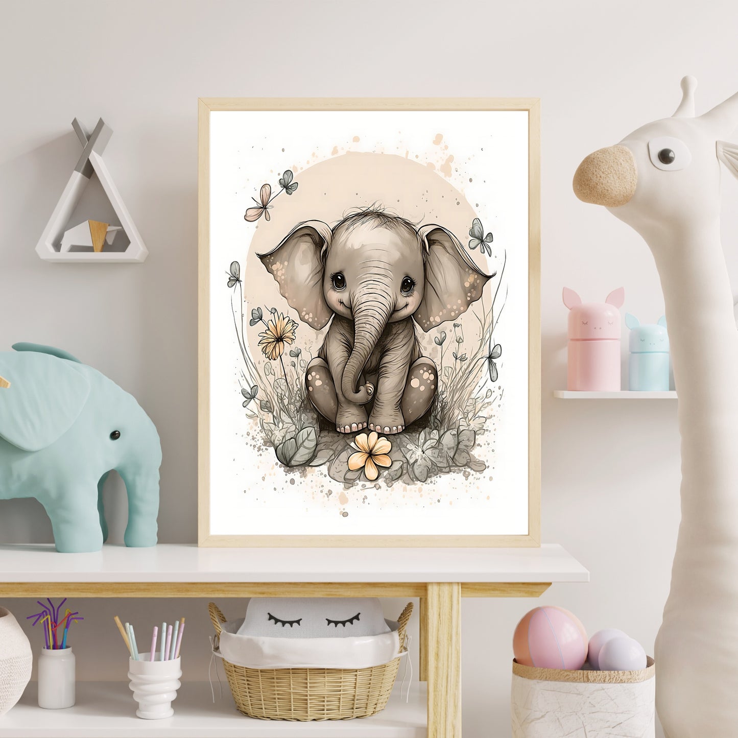 Baby elephant animal wall art gender neutral animal nursery elephant printing flowers baby elephant portrait Paper Poster Prints