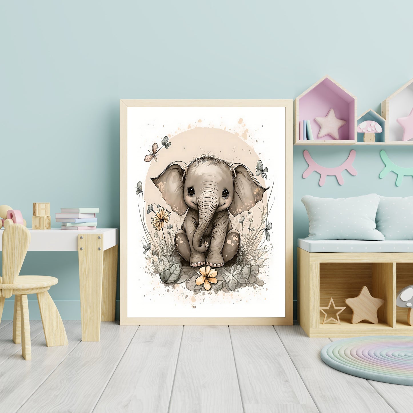 Baby elephant animal wall art gender neutral animal nursery elephant printing flowers baby elephant portrait Paper Poster Prints