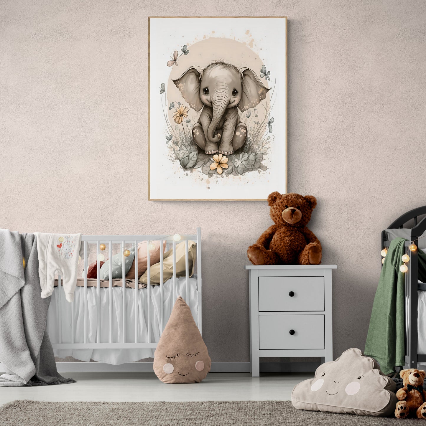 Baby elephant animal wall art gender neutral animal nursery elephant printing flowers baby elephant portrait Paper Poster Prints
