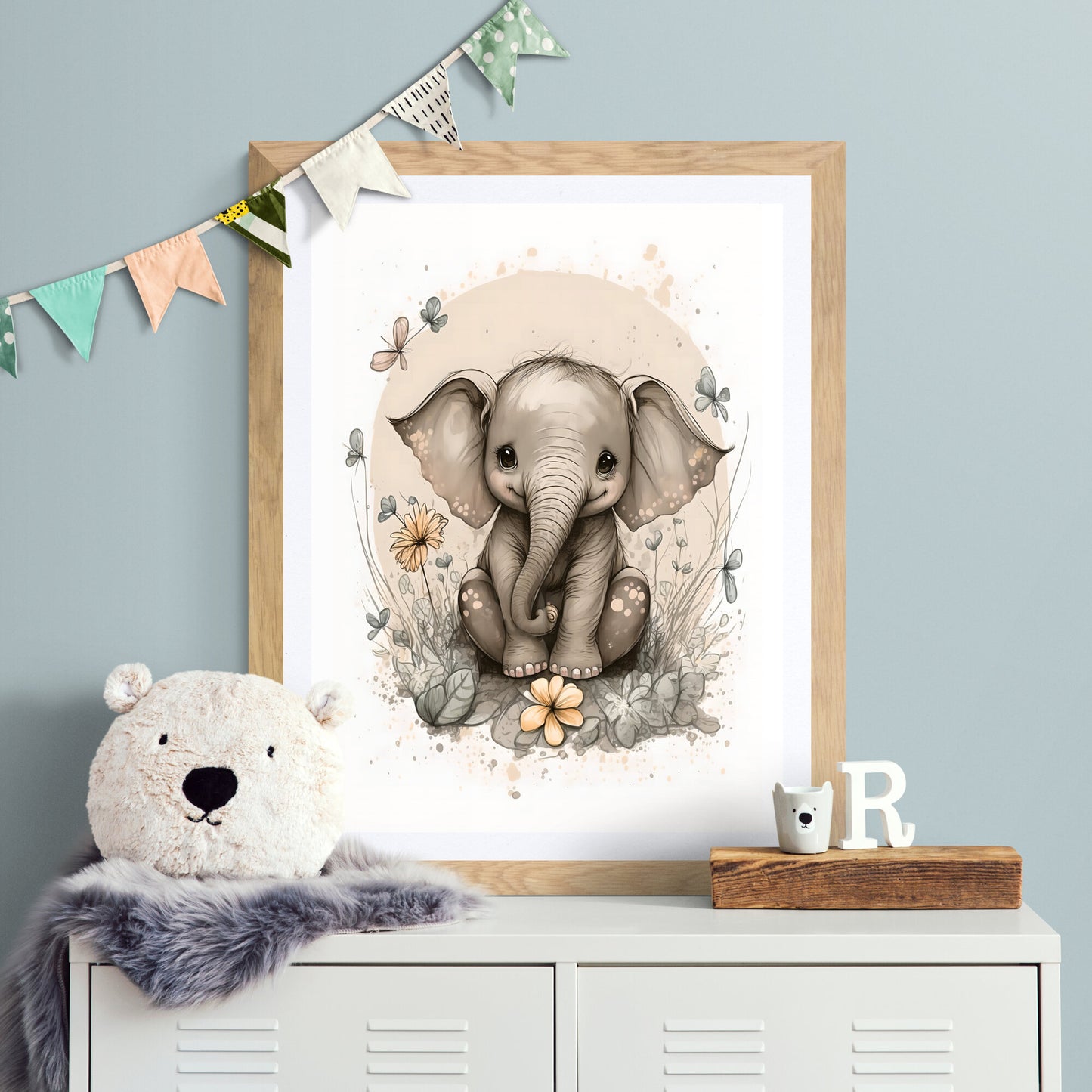 Baby elephant animal wall art gender neutral animal nursery elephant printing flowers baby elephant portrait Paper Poster Prints