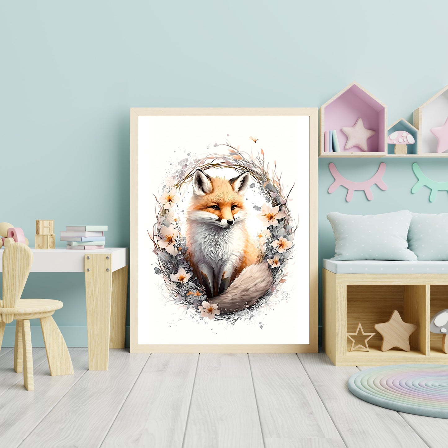 Baby fox animal wall art gender neutral animal nursery fox printing flowers baby fox portrait Paper Poster Prints