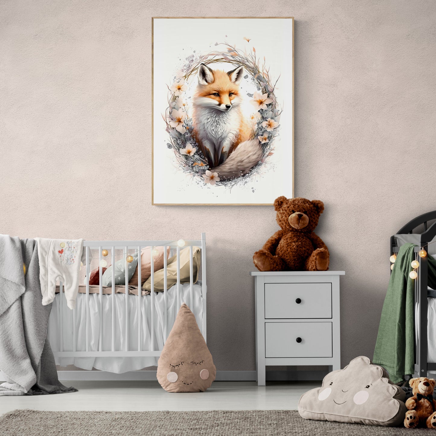 Baby fox animal wall art gender neutral animal nursery fox printing flowers baby fox portrait Paper Poster Prints