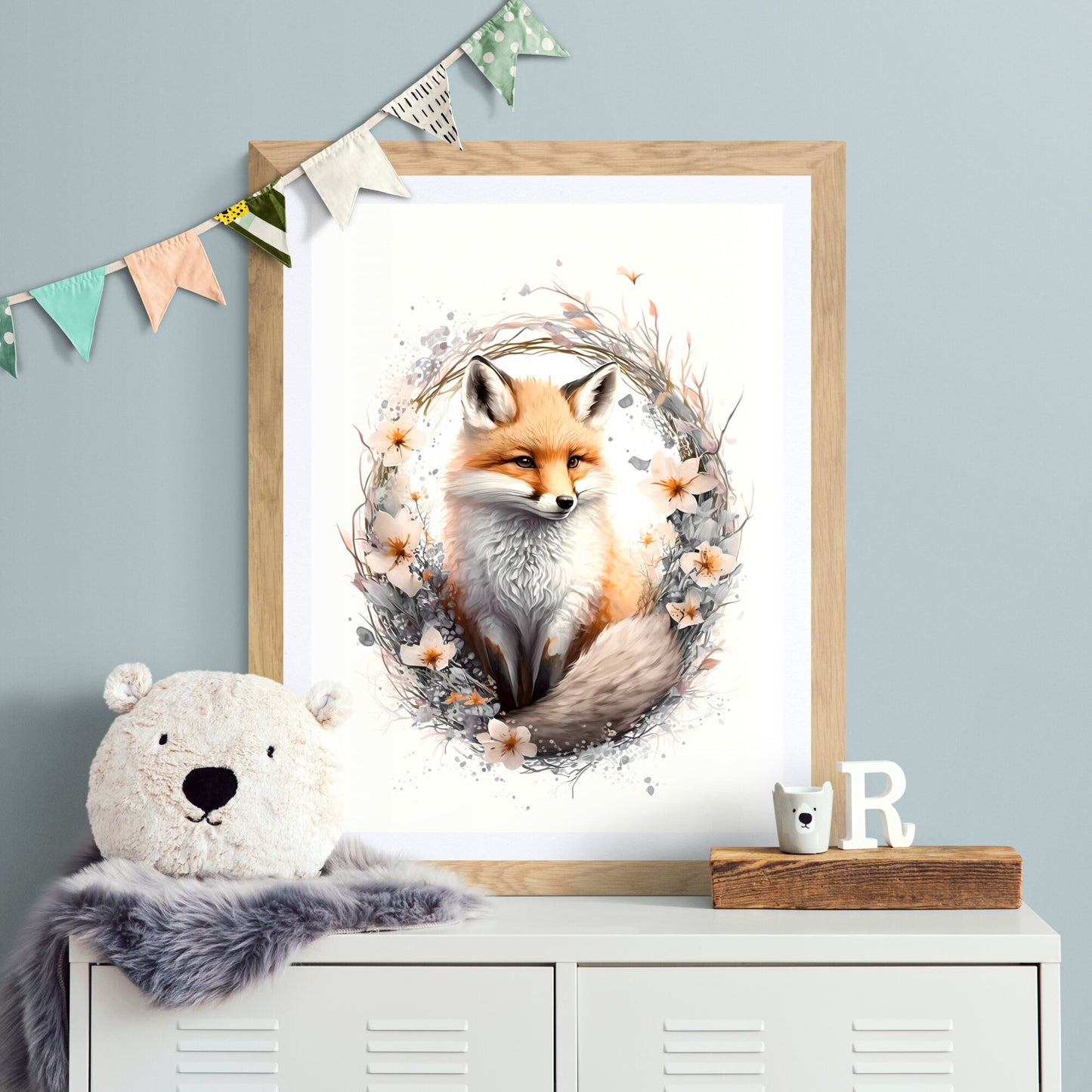 Baby fox animal wall art gender neutral animal nursery fox printing flowers baby fox portrait Paper Poster Prints