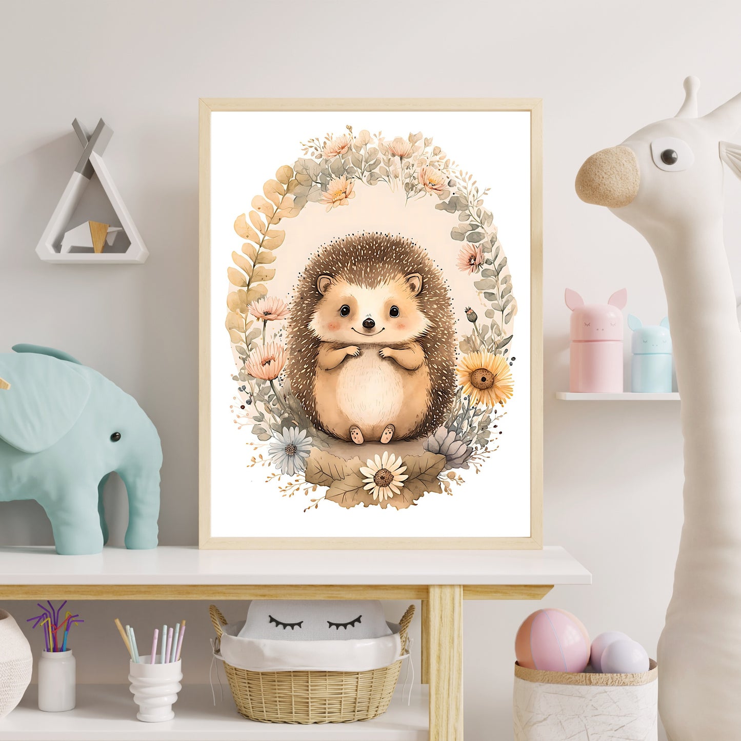 Baby hedgehog animal wall art gender neutral animal nursery hedgehog printing flowers baby hedgehog portrait Paper Poster Prints