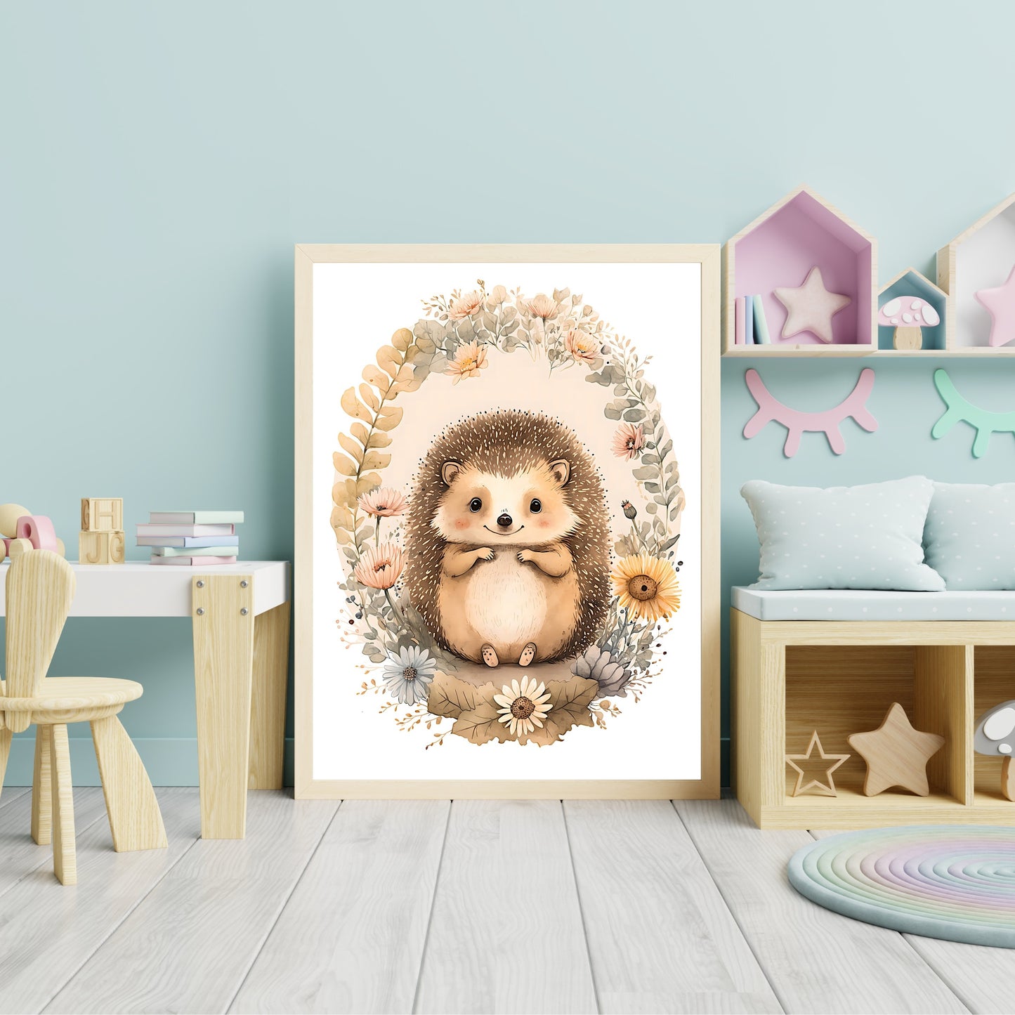 Baby hedgehog animal wall art gender neutral animal nursery hedgehog printing flowers baby hedgehog portrait Paper Poster Prints