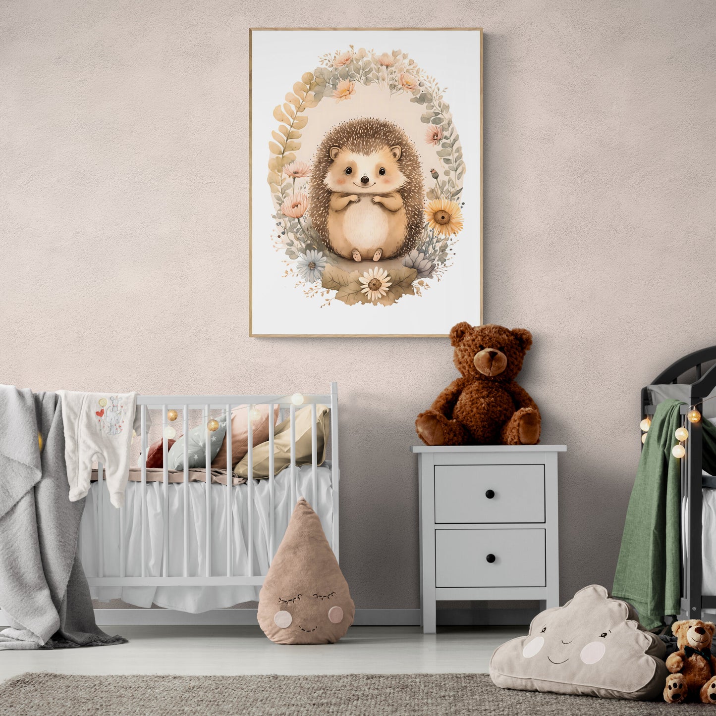 Baby hedgehog animal wall art gender neutral animal nursery hedgehog printing flowers baby hedgehog portrait Paper Poster Prints