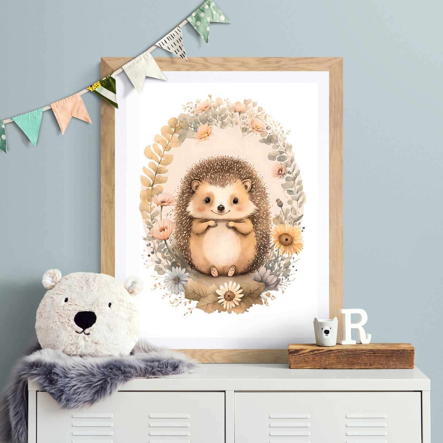 Baby hedgehog animal wall art gender neutral animal nursery hedgehog printing flowers baby hedgehog portrait Paper Poster Prints