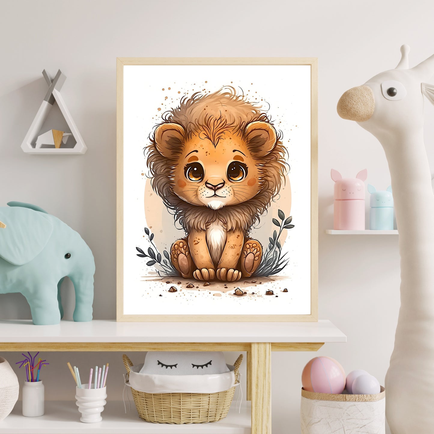 Baby lion animal wall art gender neutral animal nursery lion printing flowers baby lion portrait Paper Poster Prints