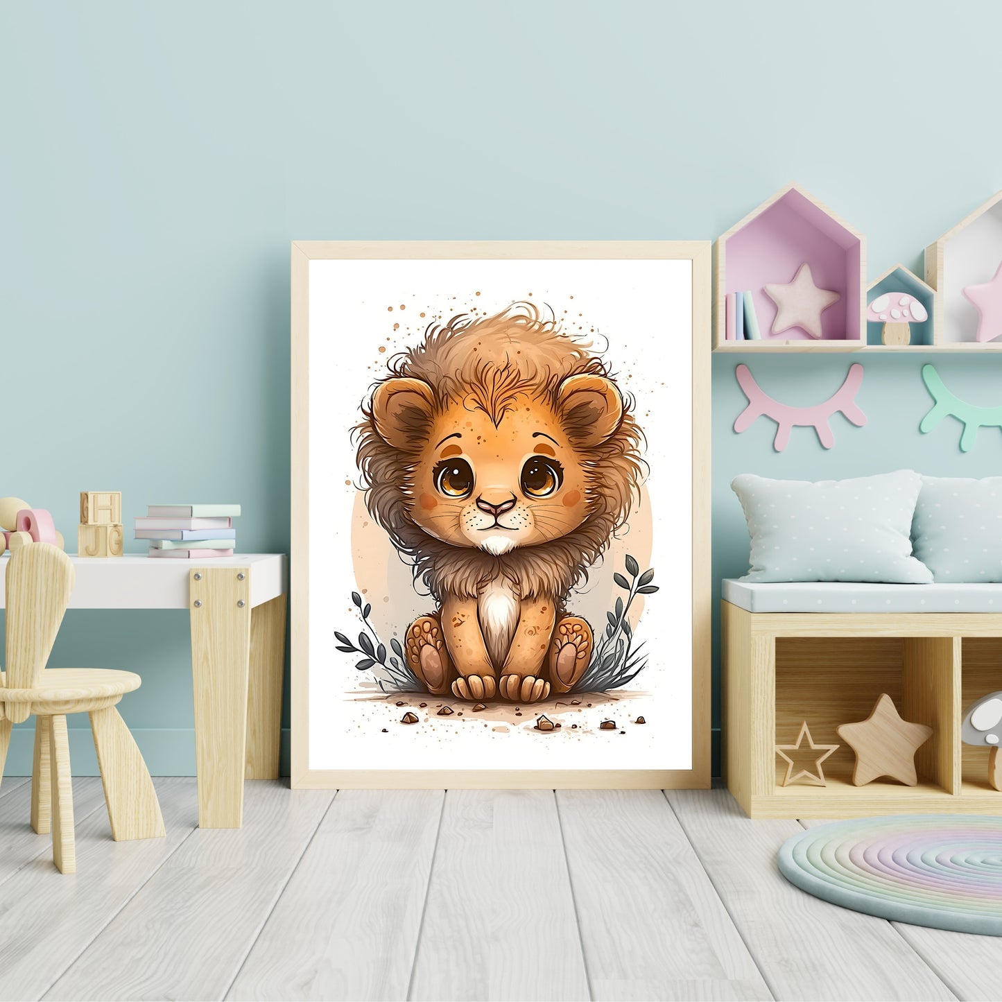 Baby lion animal wall art gender neutral animal nursery lion printing flowers baby lion portrait Paper Poster Prints