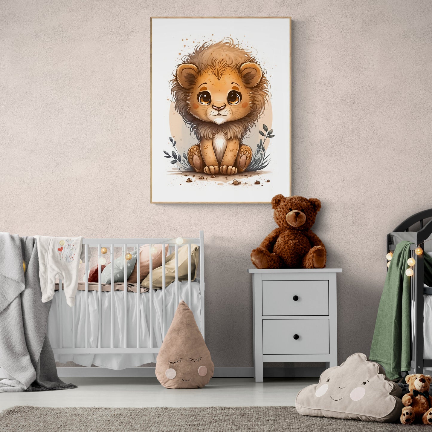 Baby lion animal wall art gender neutral animal nursery lion printing flowers baby lion portrait Paper Poster Prints