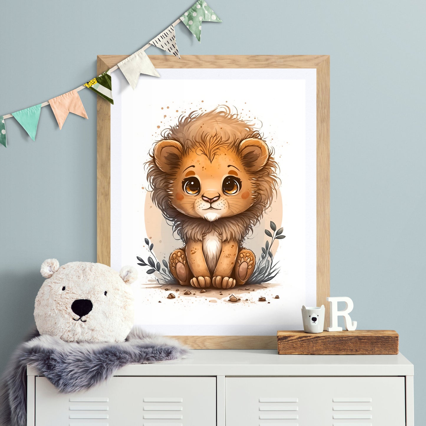 Baby lion animal wall art gender neutral animal nursery lion printing flowers baby lion portrait Paper Poster Prints