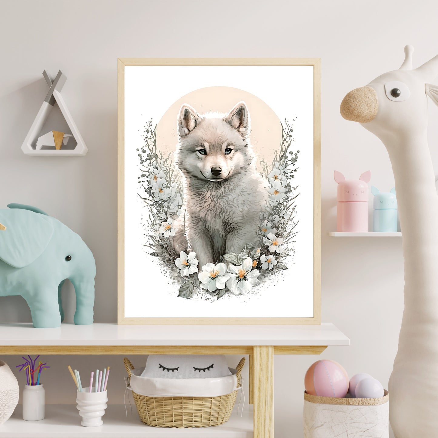 Baby-Wolf-Tier-Wandkunst, geschlechtsneutrales Tier-Kinderzimmer, Wolf-Druck, Blumen-Baby-Wolf-Porträt, Papier-Posterdrucke