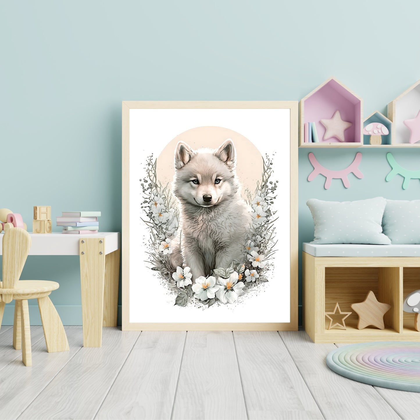 Baby-Wolf-Tier-Wandkunst, geschlechtsneutrales Tier-Kinderzimmer, Wolf-Druck, Blumen-Baby-Wolf-Porträt, Papier-Posterdrucke
