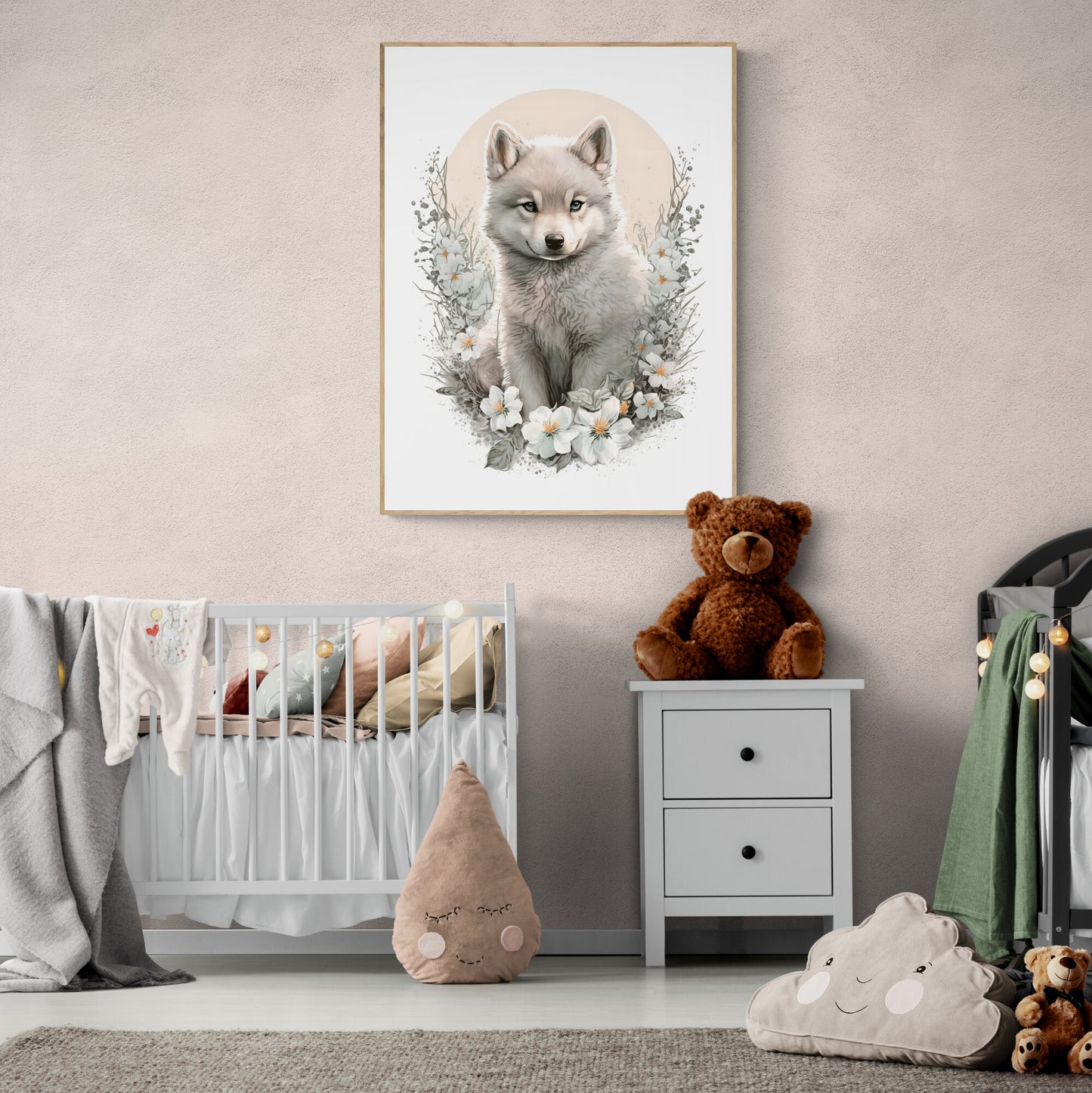 Baby-Wolf-Tier-Wandkunst, geschlechtsneutrales Tier-Kinderzimmer, Wolf-Druck, Blumen-Baby-Wolf-Porträt, Papier-Posterdrucke