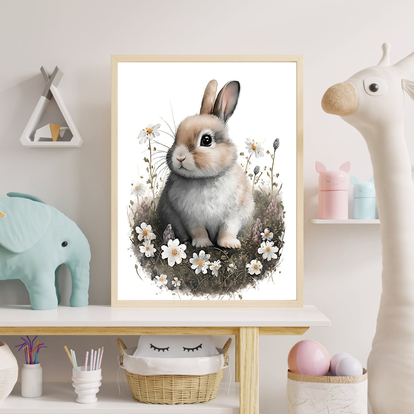 Baby bunny animal wall art gender neutral animal nursery bunny printing flowers baby bunny portrait Paper Poster Prints