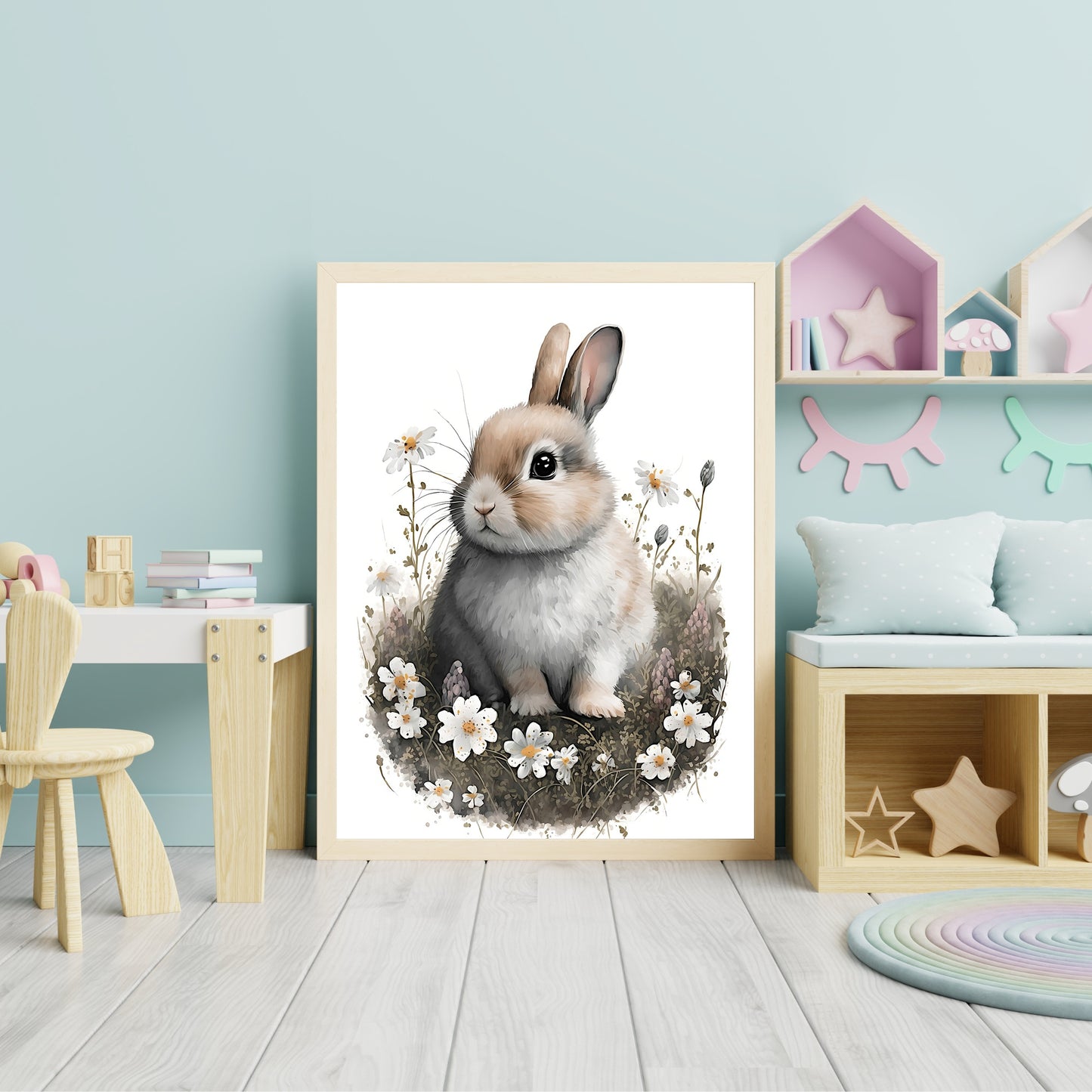 Baby bunny animal wall art gender neutral animal nursery bunny printing flowers baby bunny portrait Paper Poster Prints