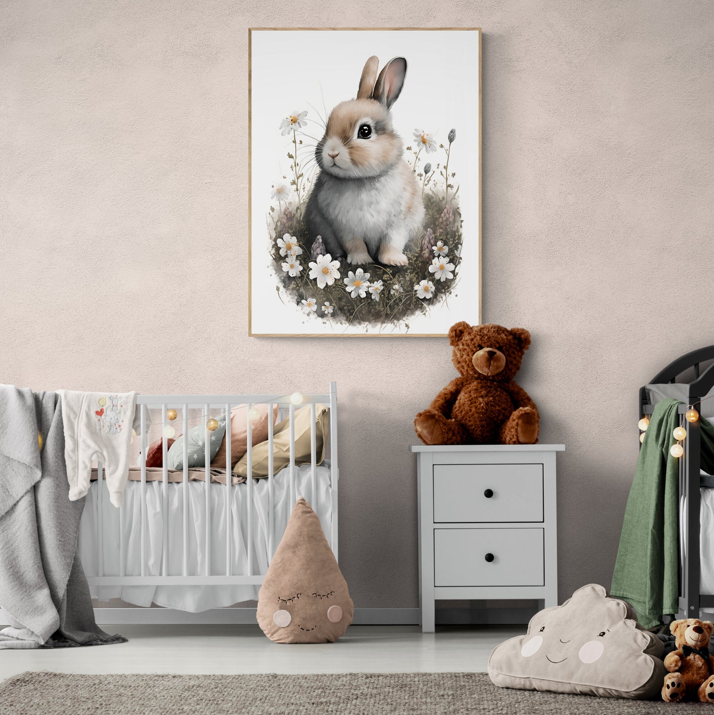 Baby bunny animal wall art gender neutral animal nursery bunny printing flowers baby bunny portrait Paper Poster Prints