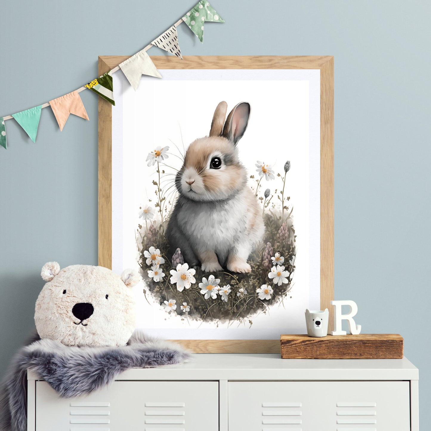 Baby bunny animal wall art gender neutral animal nursery bunny printing flowers baby bunny portrait Paper Poster Prints