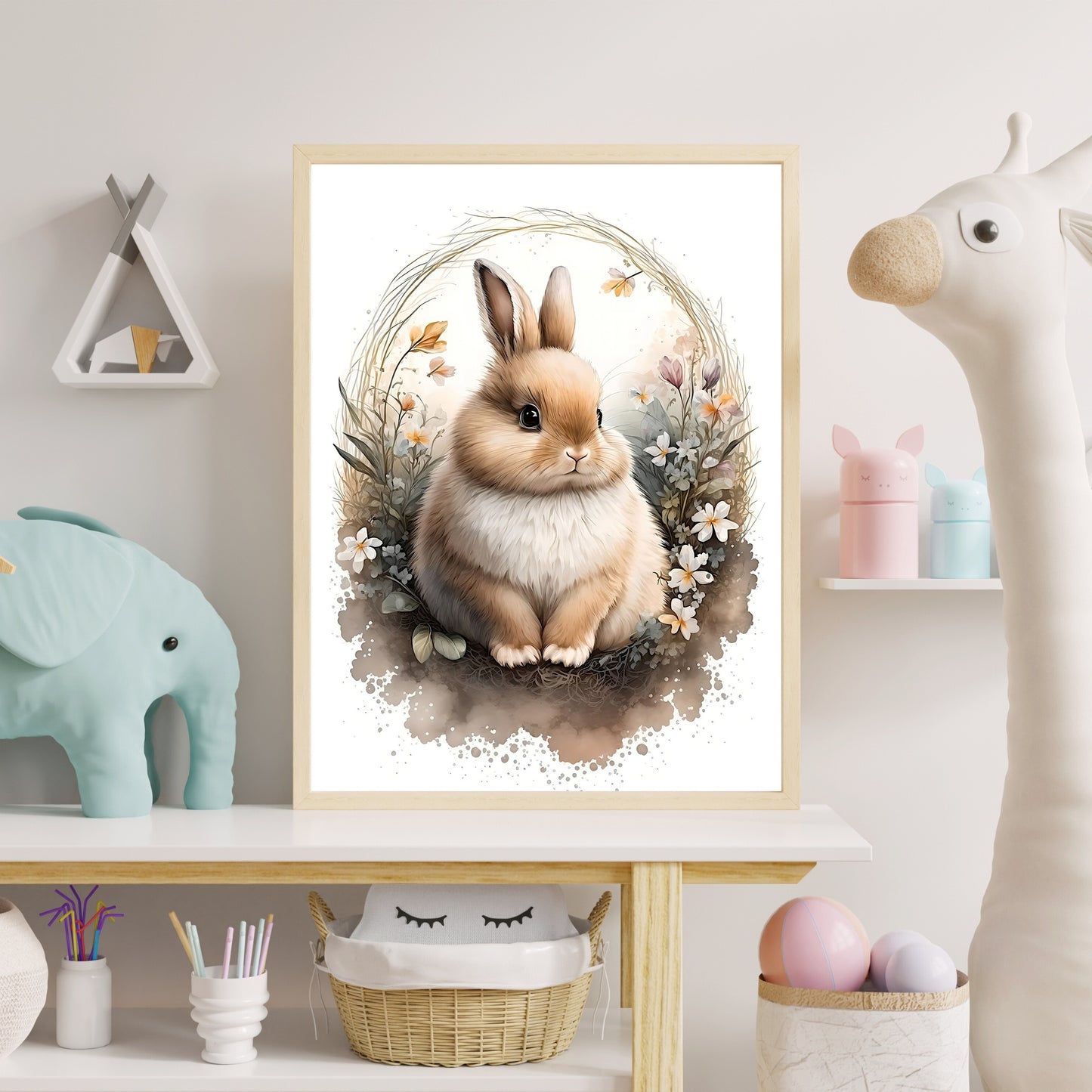 Baby-Häschen-Tier-Wandkunst, geschlechtsneutrales Tier-Kinderzimmer, Hase, Druck, Blumen, Baby-Häschen-Porträt, Papier-Posterdrucke
