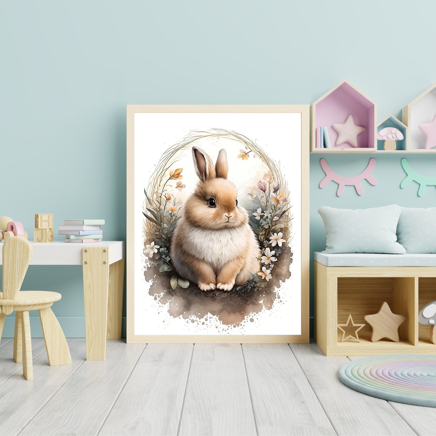 Baby-Häschen-Tier-Wandkunst, geschlechtsneutrales Tier-Kinderzimmer, Hase, Druck, Blumen, Baby-Häschen-Porträt, Papier-Posterdrucke
