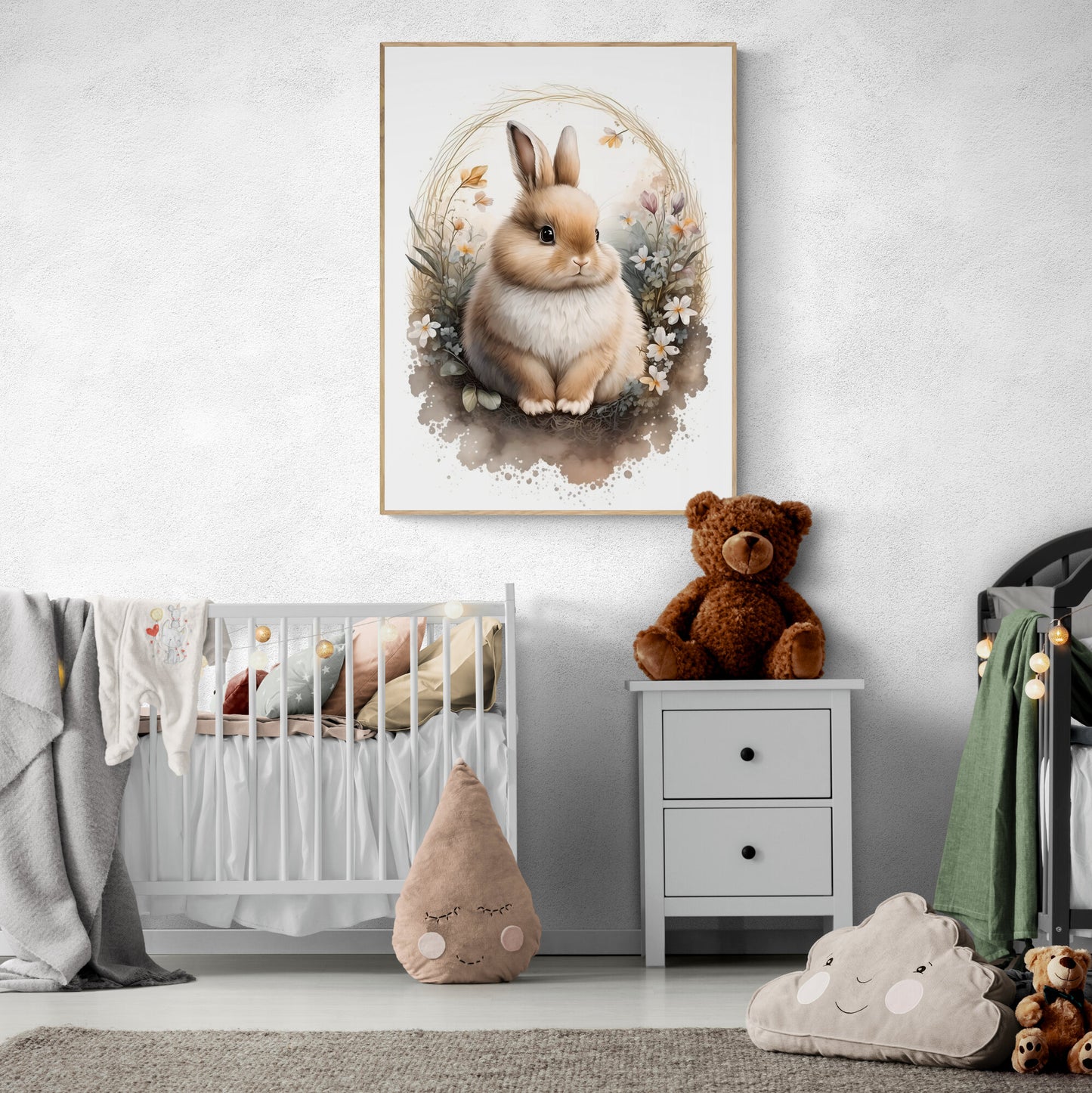 Baby-Häschen-Tier-Wandkunst, geschlechtsneutrales Tier-Kinderzimmer, Hase, Druck, Blumen, Baby-Häschen-Porträt, Papier-Posterdrucke