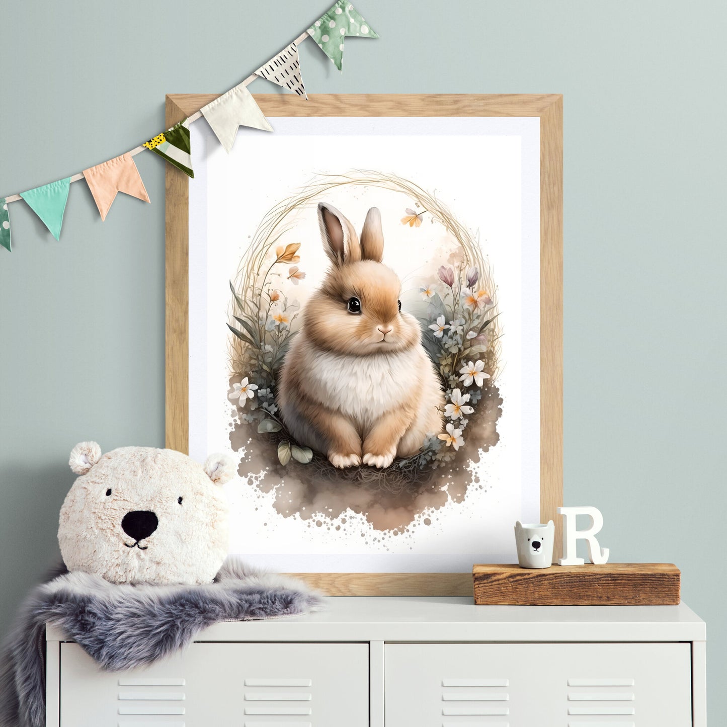 Baby-Häschen-Tier-Wandkunst, geschlechtsneutrales Tier-Kinderzimmer, Hase, Druck, Blumen, Baby-Häschen-Porträt, Papier-Posterdrucke