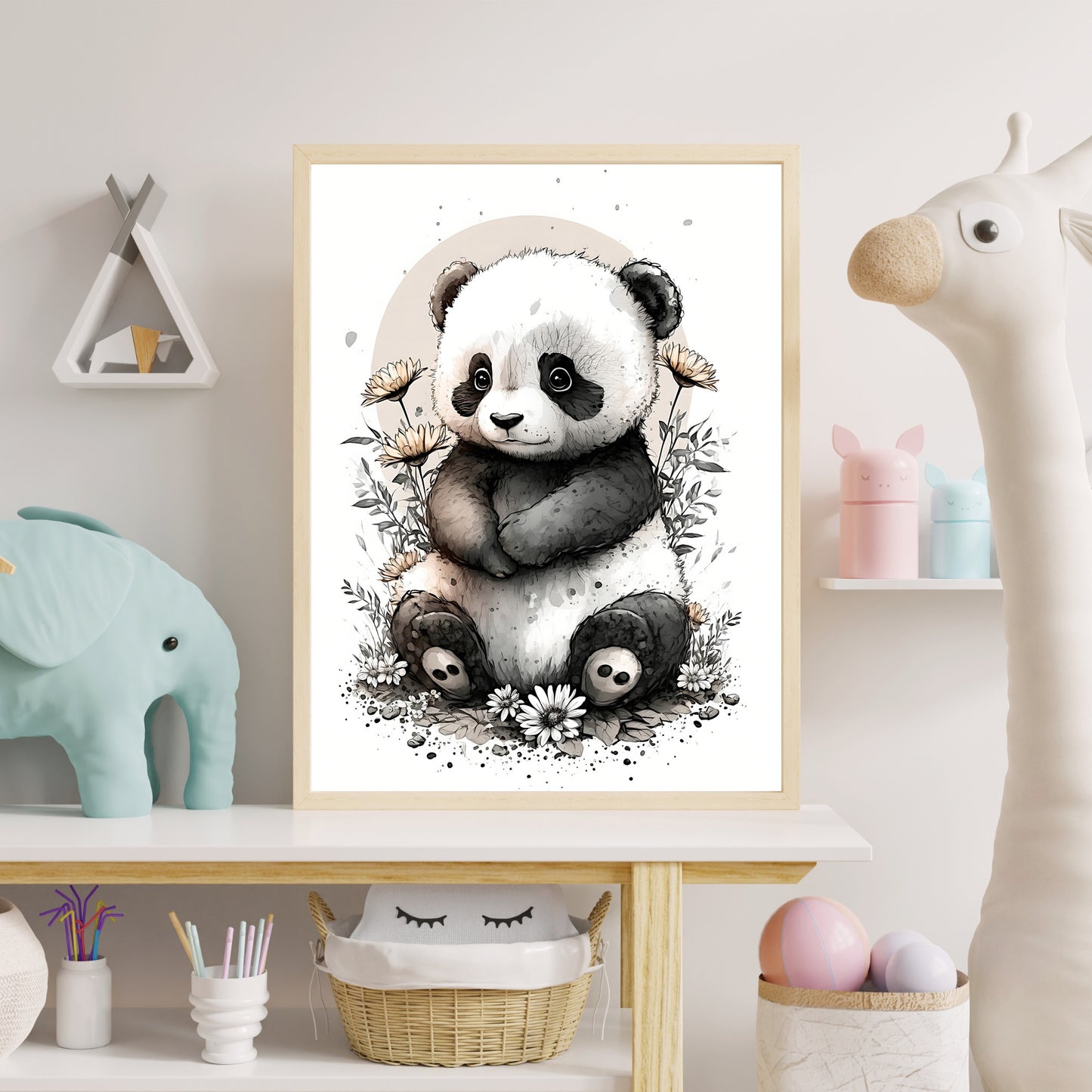 Baby-Panda-Tier-Wandkunst, geschlechtsneutrales Tier-Kinderzimmer, Panda-Druck, Blumen, Baby-Panda-Porträt, Papier-Posterdrucke