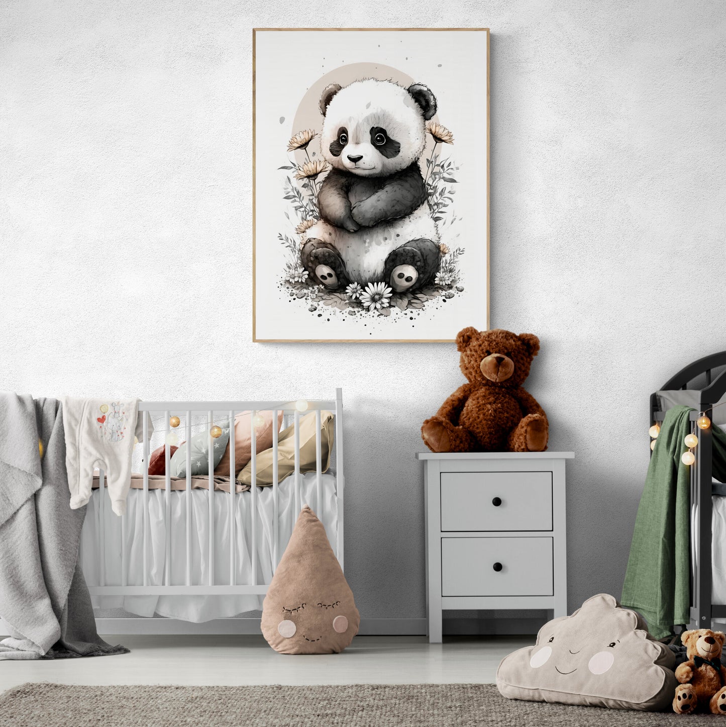 Baby-Panda-Tier-Wandkunst, geschlechtsneutrales Tier-Kinderzimmer, Panda-Druck, Blumen, Baby-Panda-Porträt, Papier-Posterdrucke