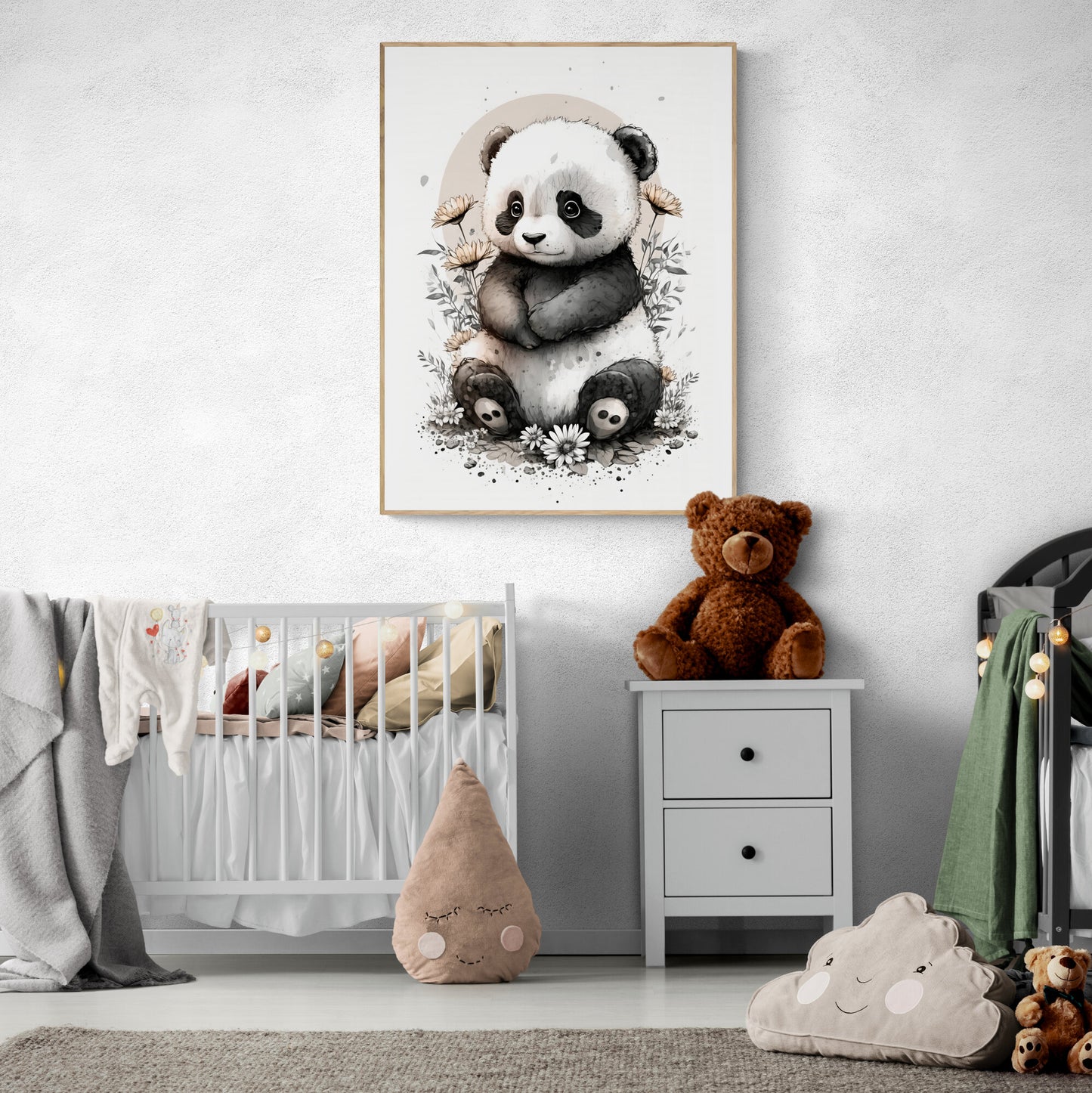 Baby panda animal wall art gender neutral animal nursery panda printing flowers baby panda portrait Paper Poster Prints