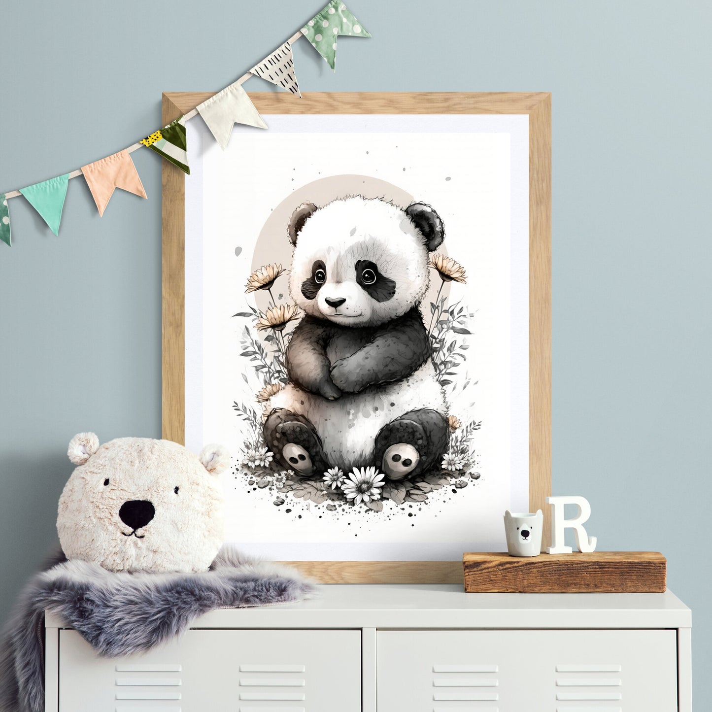 Baby-Panda-Tier-Wandkunst, geschlechtsneutrales Tier-Kinderzimmer, Panda-Druck, Blumen, Baby-Panda-Porträt, Papier-Posterdrucke