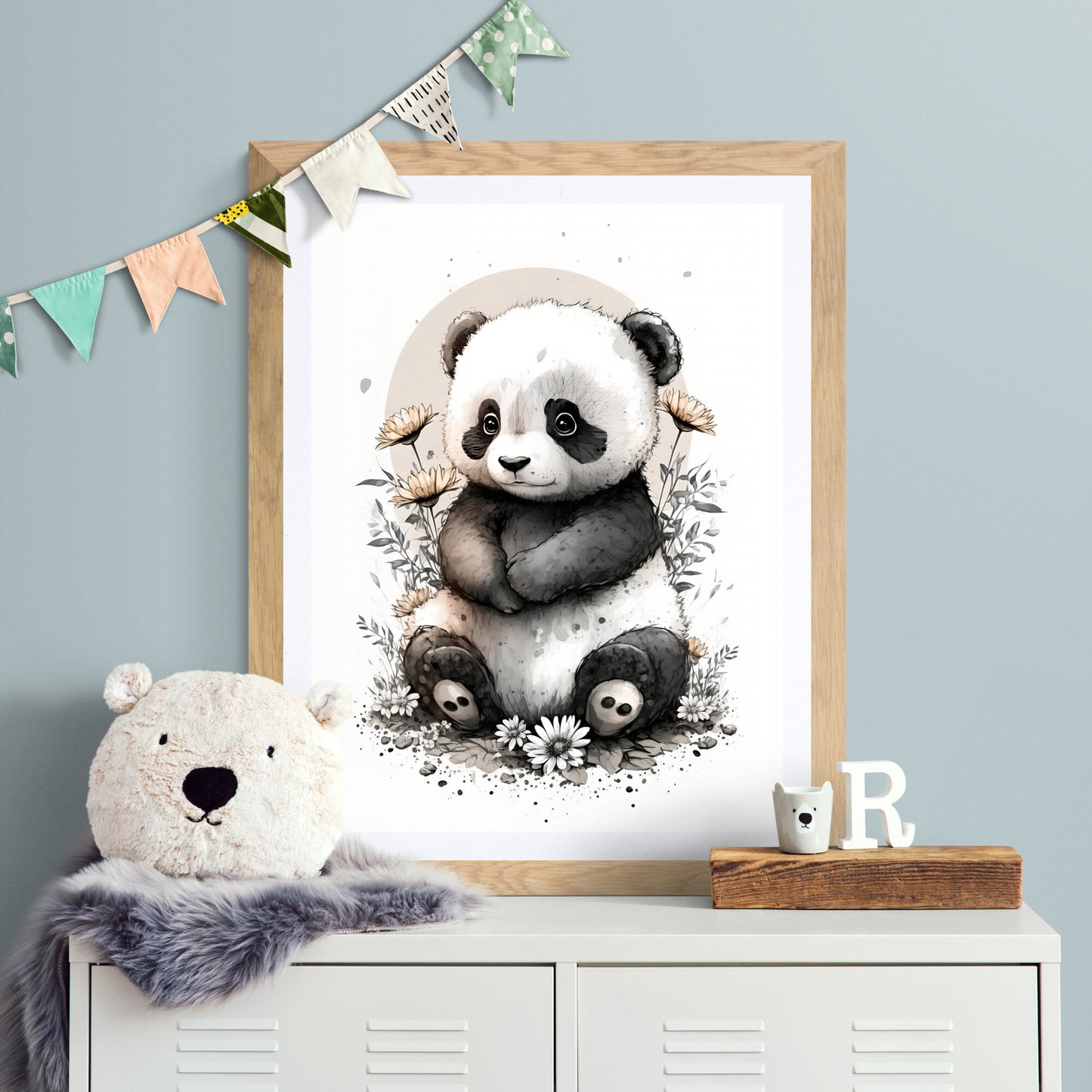 Baby panda animal wall art gender neutral animal nursery panda printing flowers baby panda portrait Paper Poster Prints