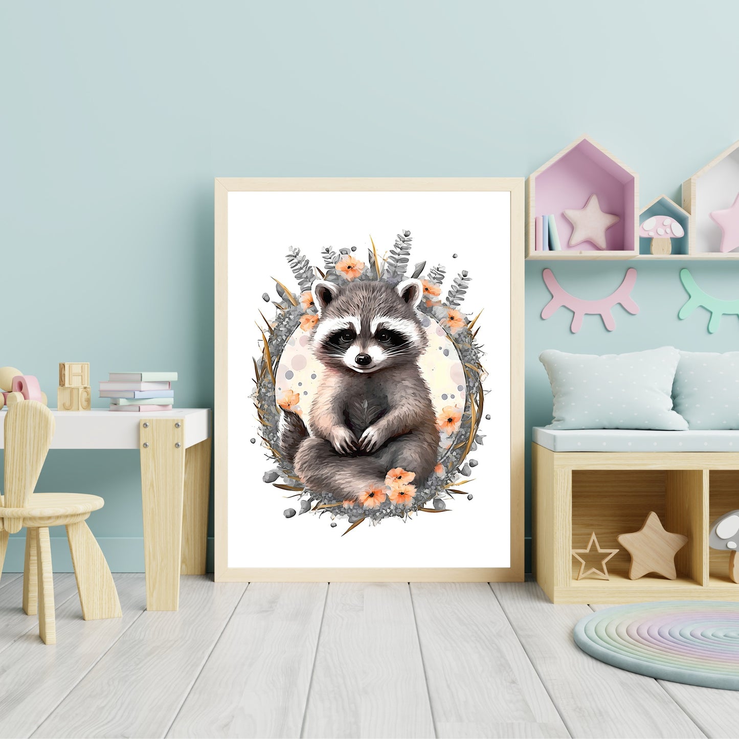 Baby racoon animal wall art gender neutral animal nursery racoon printing flowers baby racoon portrait Paper Poster Prints
