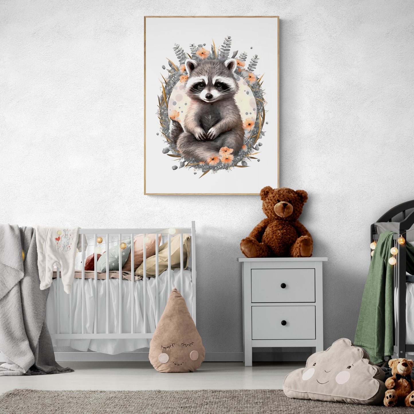 Baby racoon animal wall art gender neutral animal nursery racoon printing flowers baby racoon portrait Paper Poster Prints