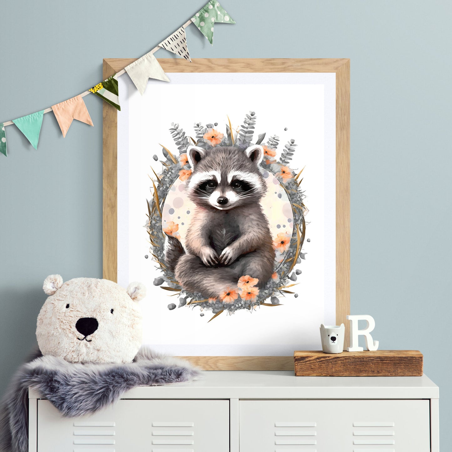 Baby racoon animal wall art gender neutral animal nursery racoon printing flowers baby racoon portrait Paper Poster Prints