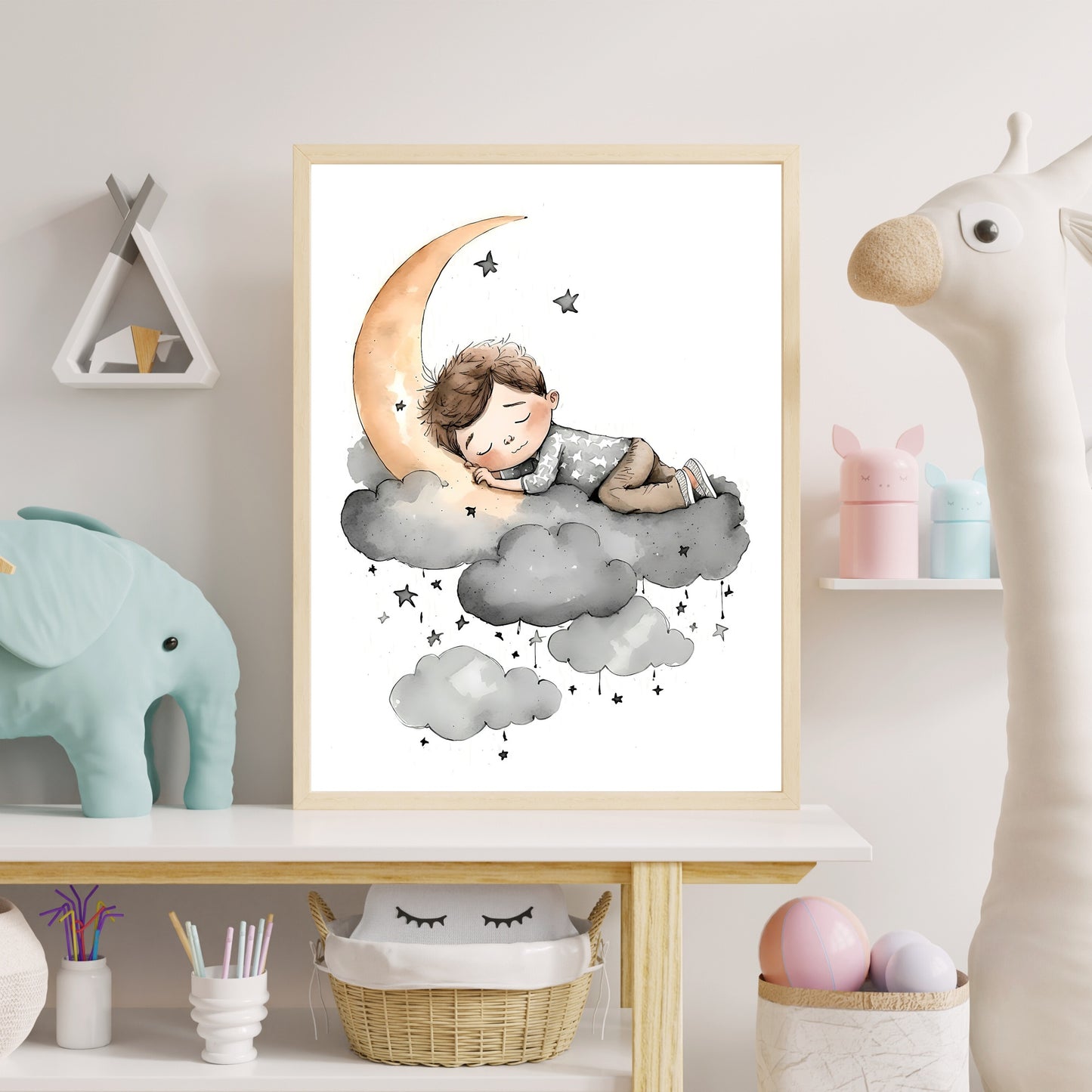 Boy sleeping moon stars wall art nursery moon clouds stars printing kids room decor Paper Poster Prints